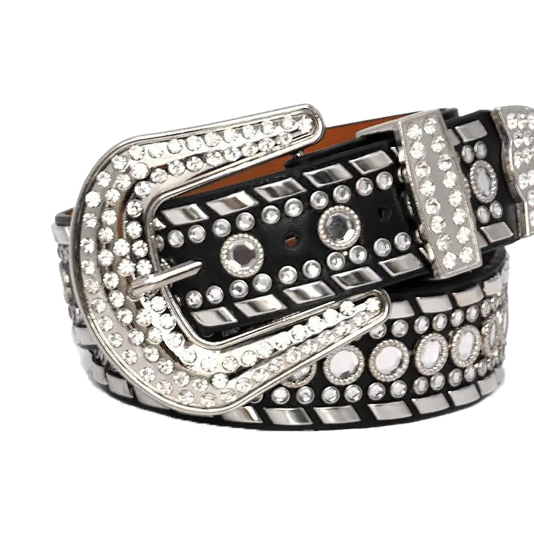 Diamond Rhinestone and Silver Studs Belt With Black Strap