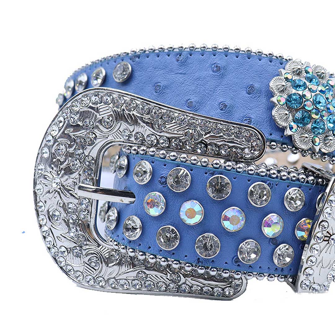 Women’s blue strap rhinestone belt with floral engraved buckle