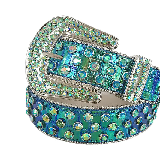 Green Chromatic Multi Color Rhinestone Belt With Green Chromatic Strap