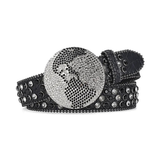 Globe Buckle With Black & Crystal Studded Rhinestone Belt