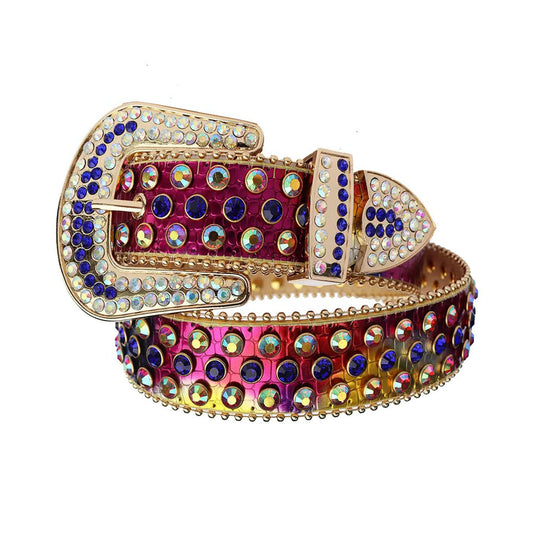 Blue and chromatic rhinestone belt with red chromatic strap – Rhinestone Belt Shop