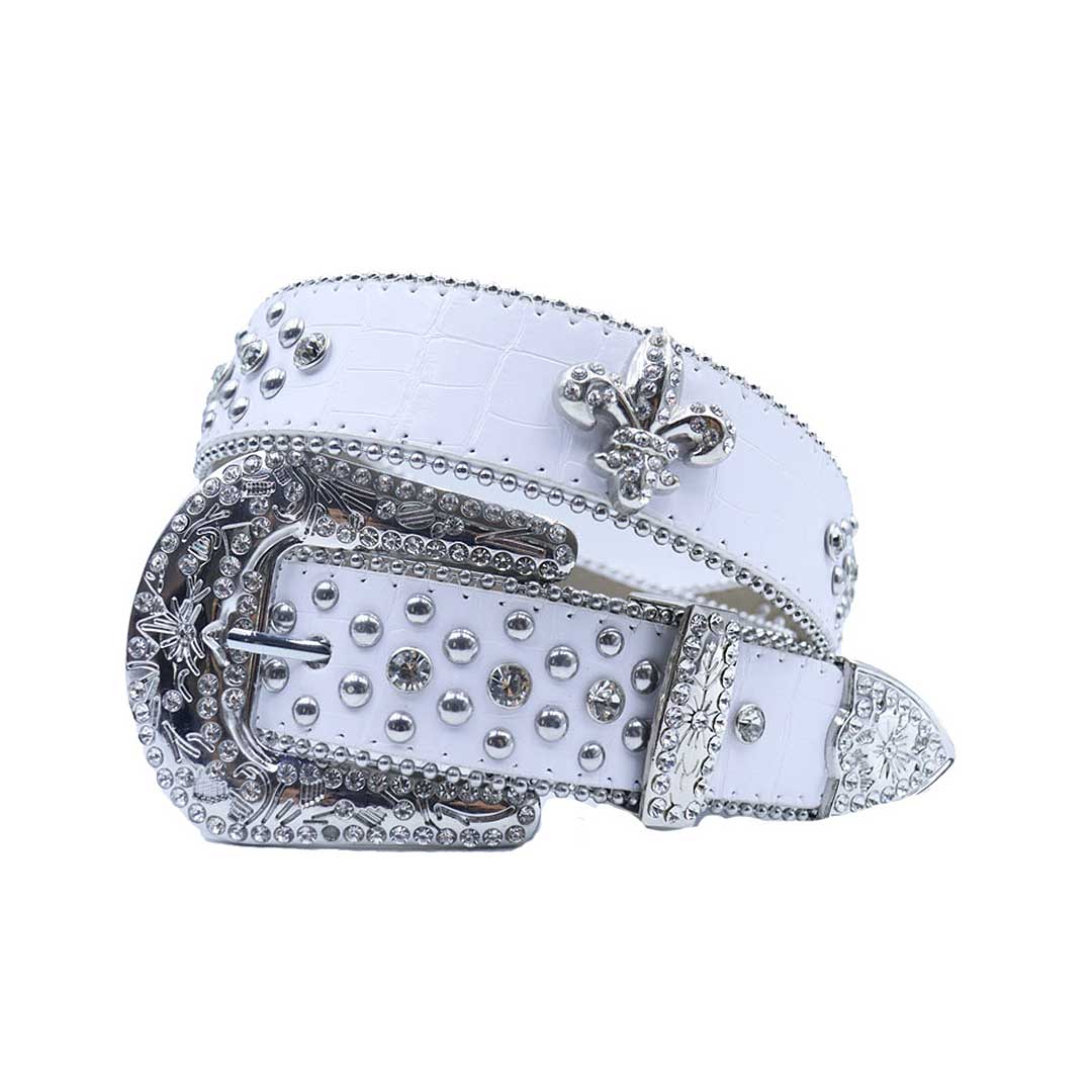 Engraved crown buckle white strap crystal metal studded rhinestone belt – Rhinestone Belt Shop
