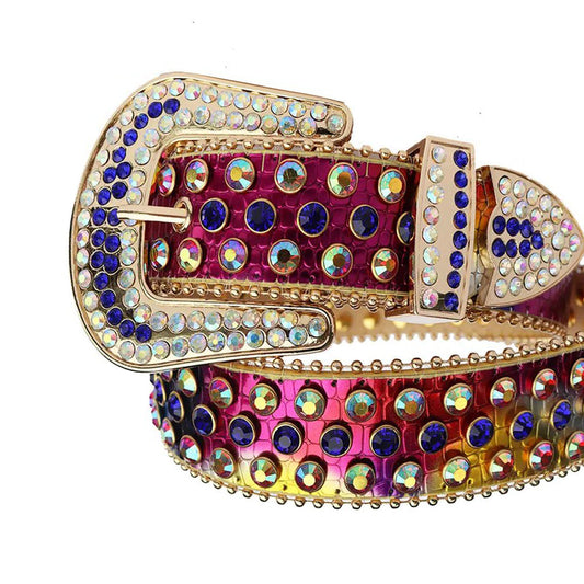 Blue and chromatic rhinestone belt with red chromatic strap – Rhinestone Belt Shop