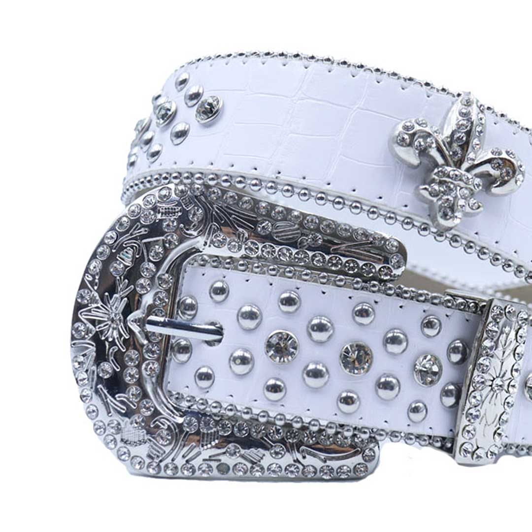 Engraved crown buckle white strap crystal metal studded rhinestone belt – Rhinestone Belt Shop
