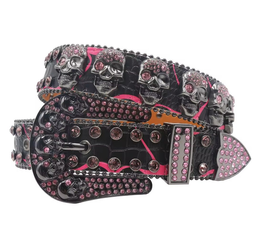 Skull buckle black strap pink crystal studded rhinestone belt – Rhinestone Belt Shop
