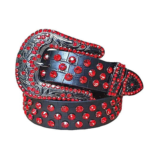 Red Rhinestone Belt With Black Textured Strap
