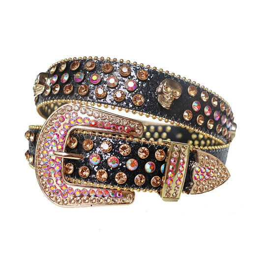 Pink and Gold Rhinestone Belt With Skull Studs and Black Strap
