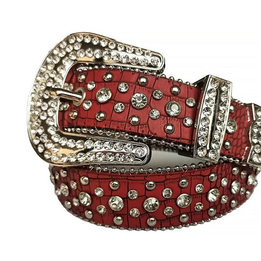 Diamond Rhinestone And Silver Studs Belt With Red Texture Strap