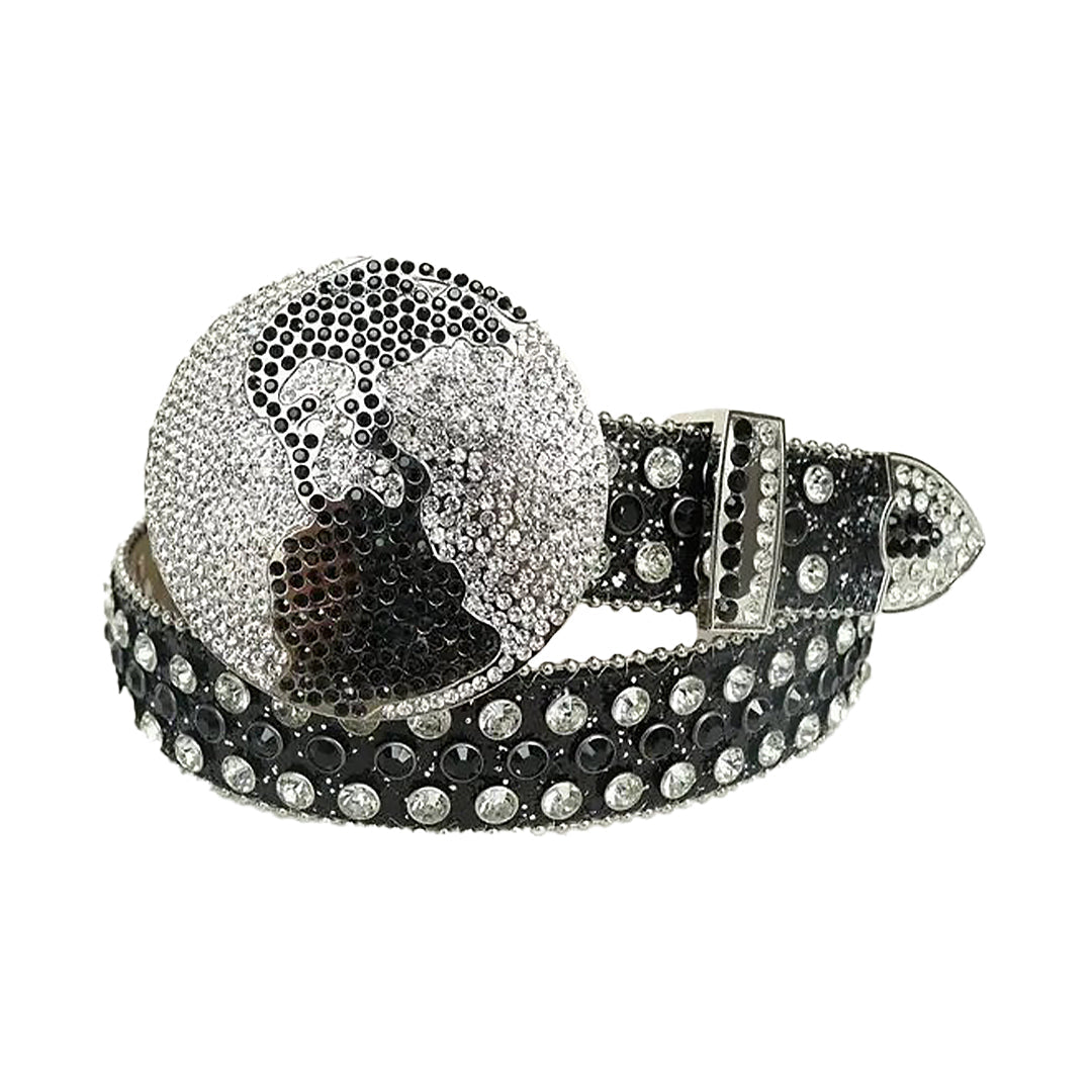 Black And Diamond Rhinestone Belt With Black Glitter Strap Globe Buckle