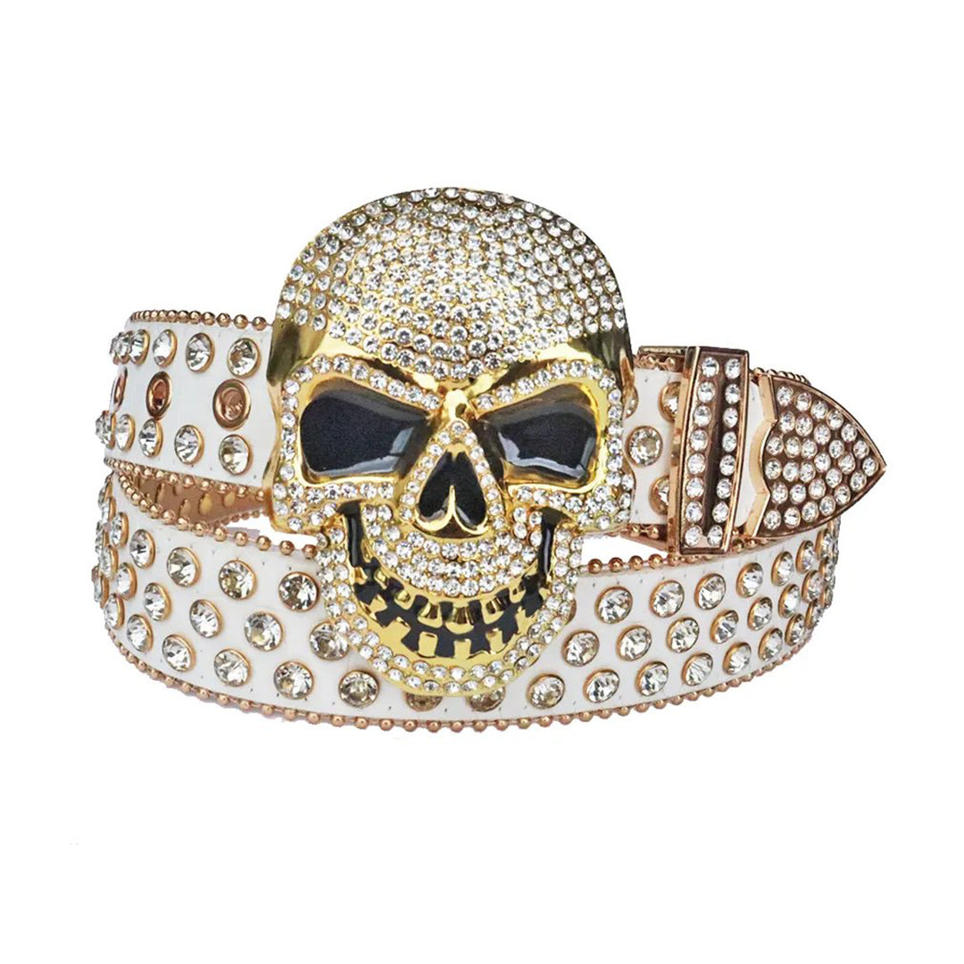 Diamond Rhinestone Belt With White Strap and Skull Buckles