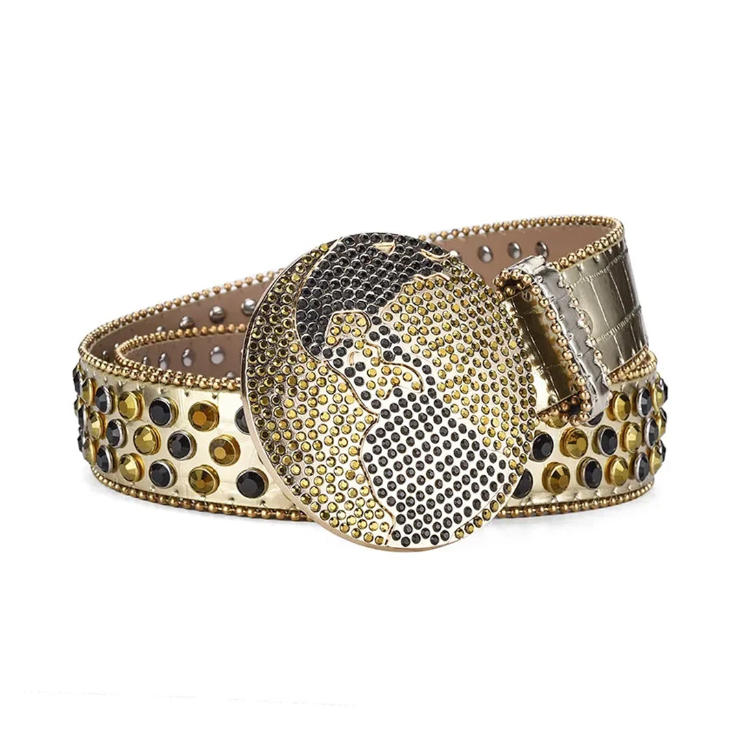 Globe Buckle With Gold & Black Studded Rhinestone Belt