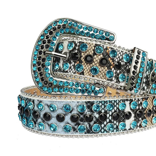 Aqua and Black Rhinestone Belt With Snake Texture strap