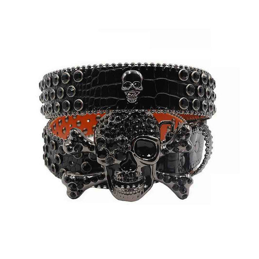 Metal Skull Buckle Black Strap With Black Studded Rhinestone Belt