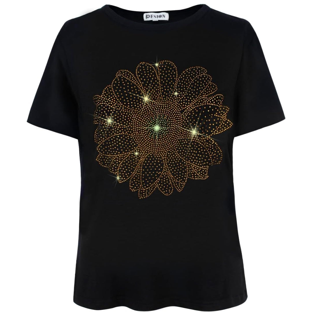 Sunflower Print Rhinestone Shirt