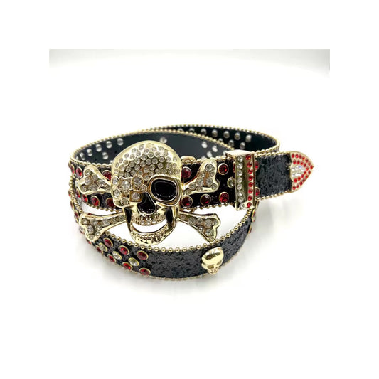 Skull buckle black strap red crystal studded rhinestone belt – Rhinestone Belt Shop