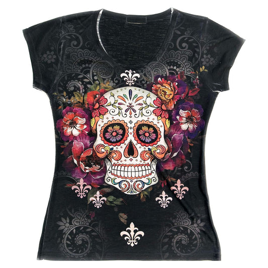 Bling floral skull print shirt with sparkling crystal details
