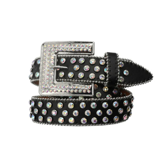 Engraved Buckle Black Strap With Silver Crystals Rhinestone Belt