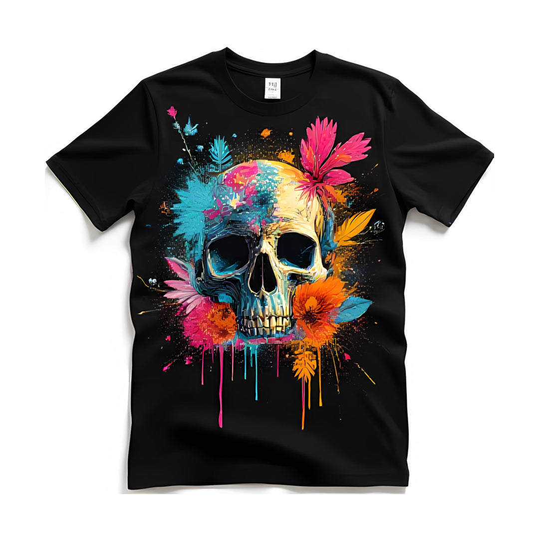Floral dead skull printed rhinestone shirt with crystal embellishments