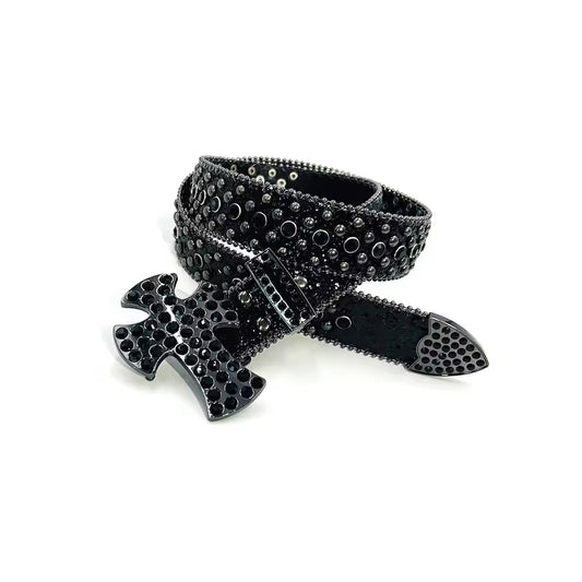 Cross buckle black strap black crystal studded rhinestone belt – Rhinestone Belt Shop