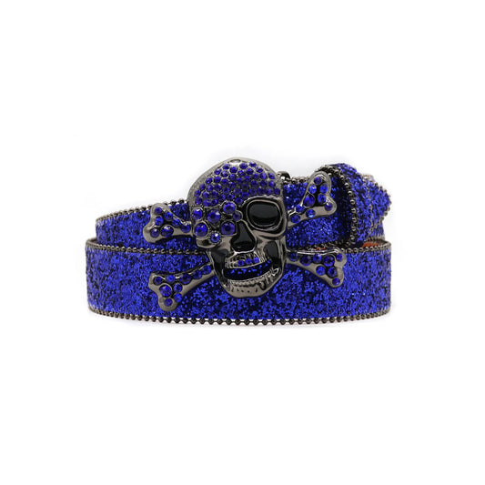 Skull Buckle With Glittering Studs & Classic Western Flair Blue Rhinestone Belt