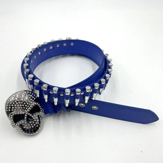 Skull buckle with blue bullets strap rhinestone belt – Rhinestone Belt Shop