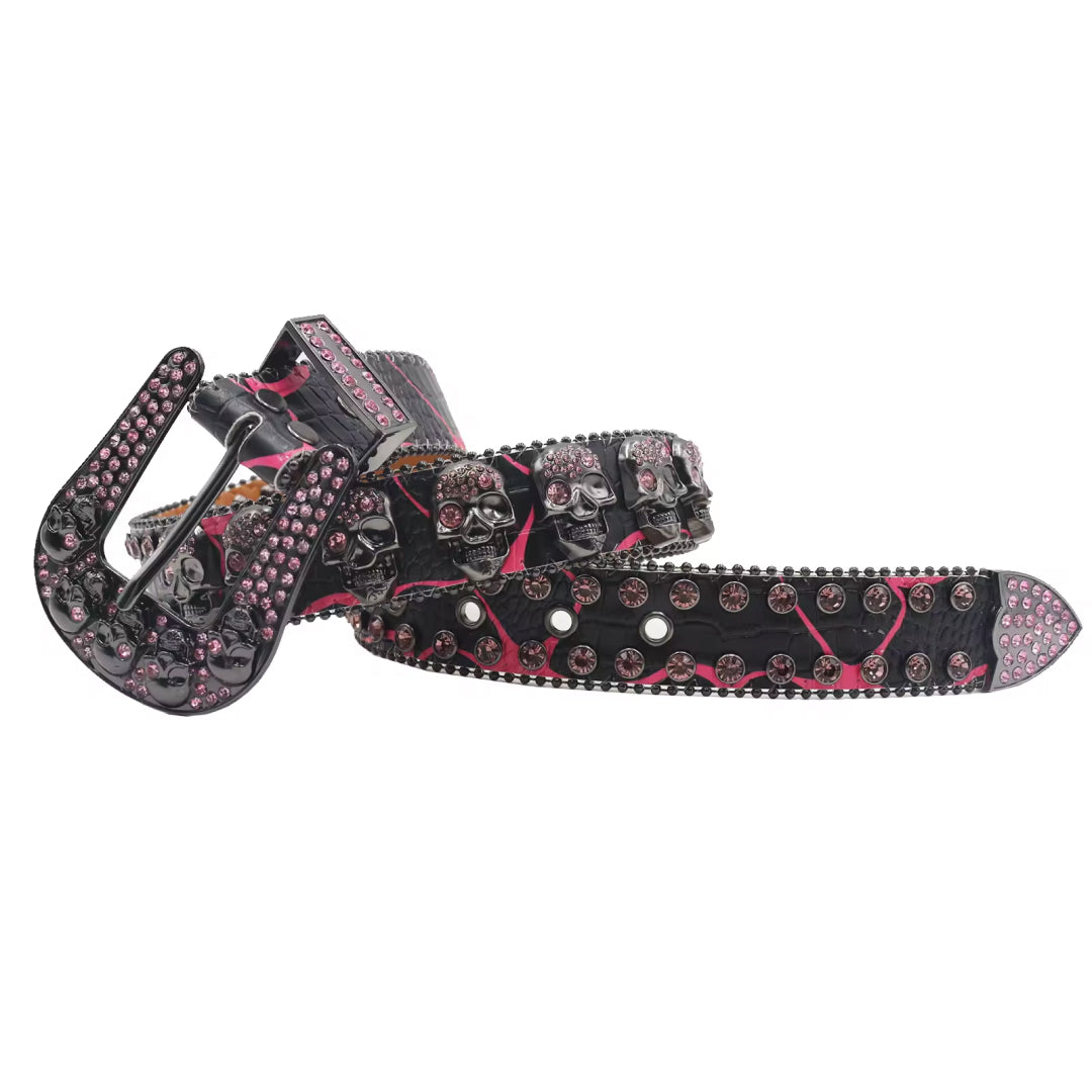 Skull buckle black strap pink crystal studded rhinestone belt – Rhinestone Belt Shop