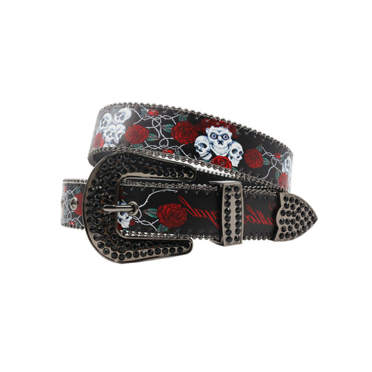 Wide Buckle With Skull & Flower Print On Strap Rhinestone Belt