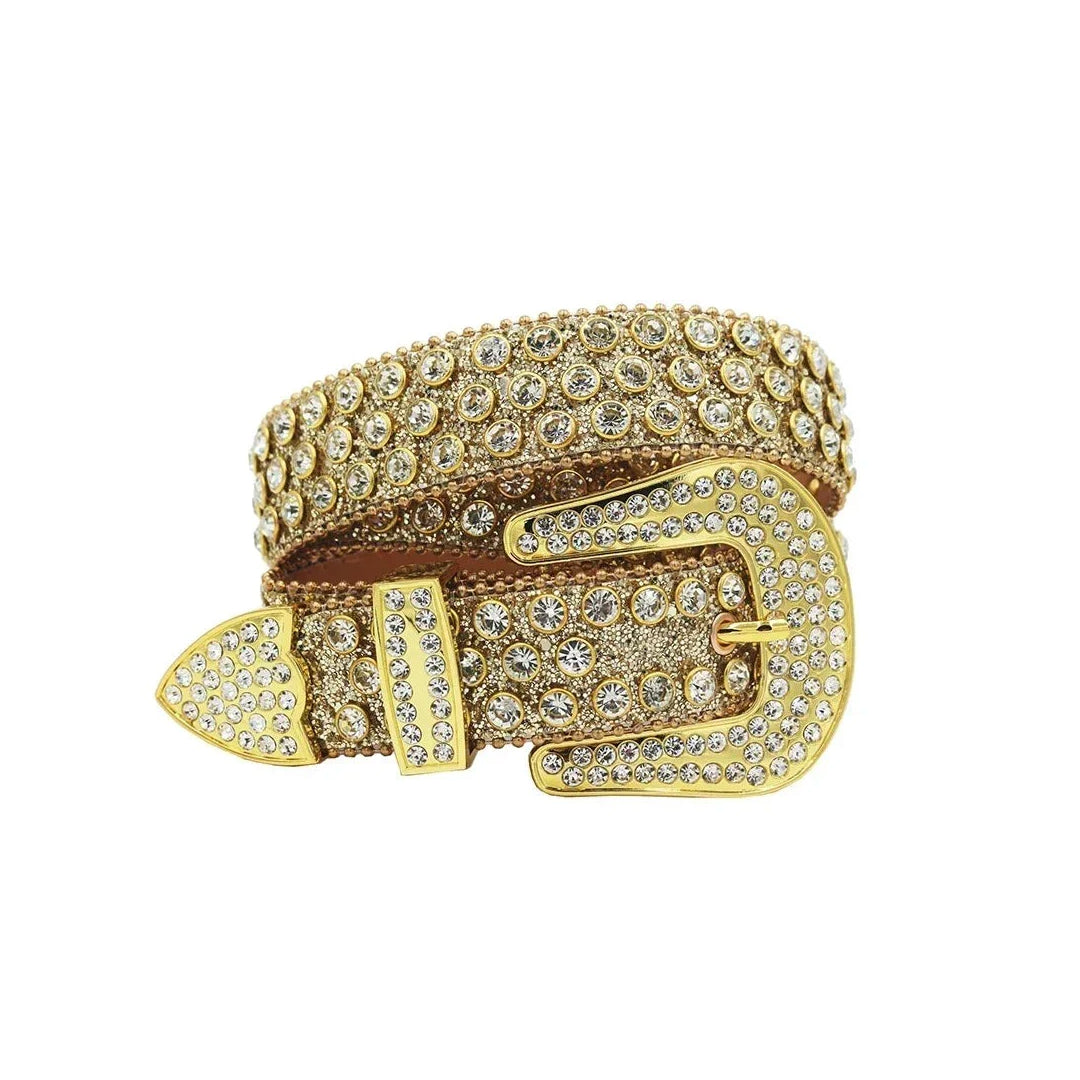 Engraved Buckle With Intricate Western Gold Rhinestone Belt