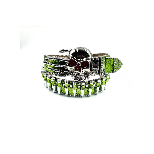 Skull buckle glitter green strap bullet studded rhinestone belt – Rhinestone Belt Shop