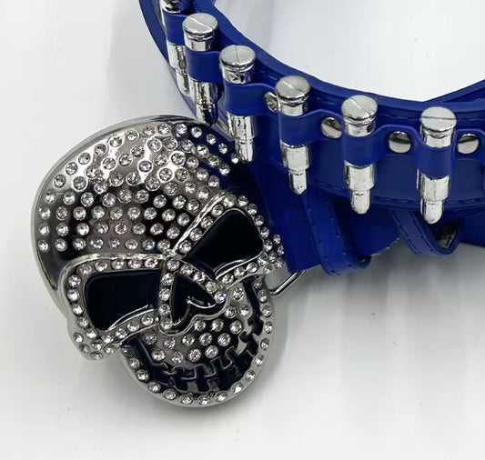 Skull buckle with blue bullets strap rhinestone belt – Rhinestone Belt Shop