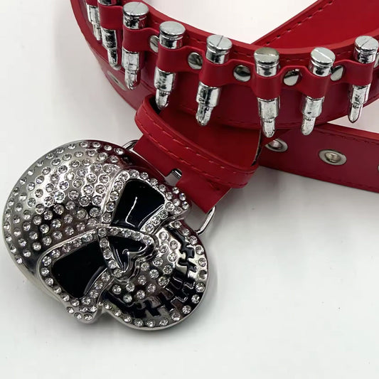 Skull buckle with red bullets strap rhinestone belt – Rhinestone Belt Shop