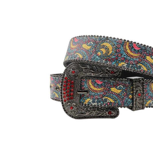 Black buckle blue strap red studded rhinestone belt – Rhinestone Belt Shop