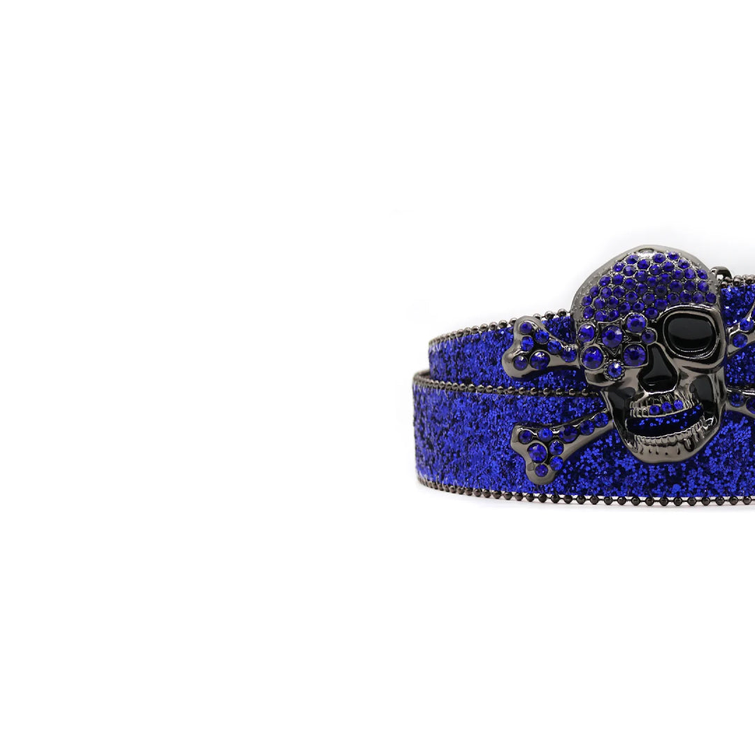Skull Buckle With Glittering Studs & Classic Western Flair Blue Rhinestone Belt