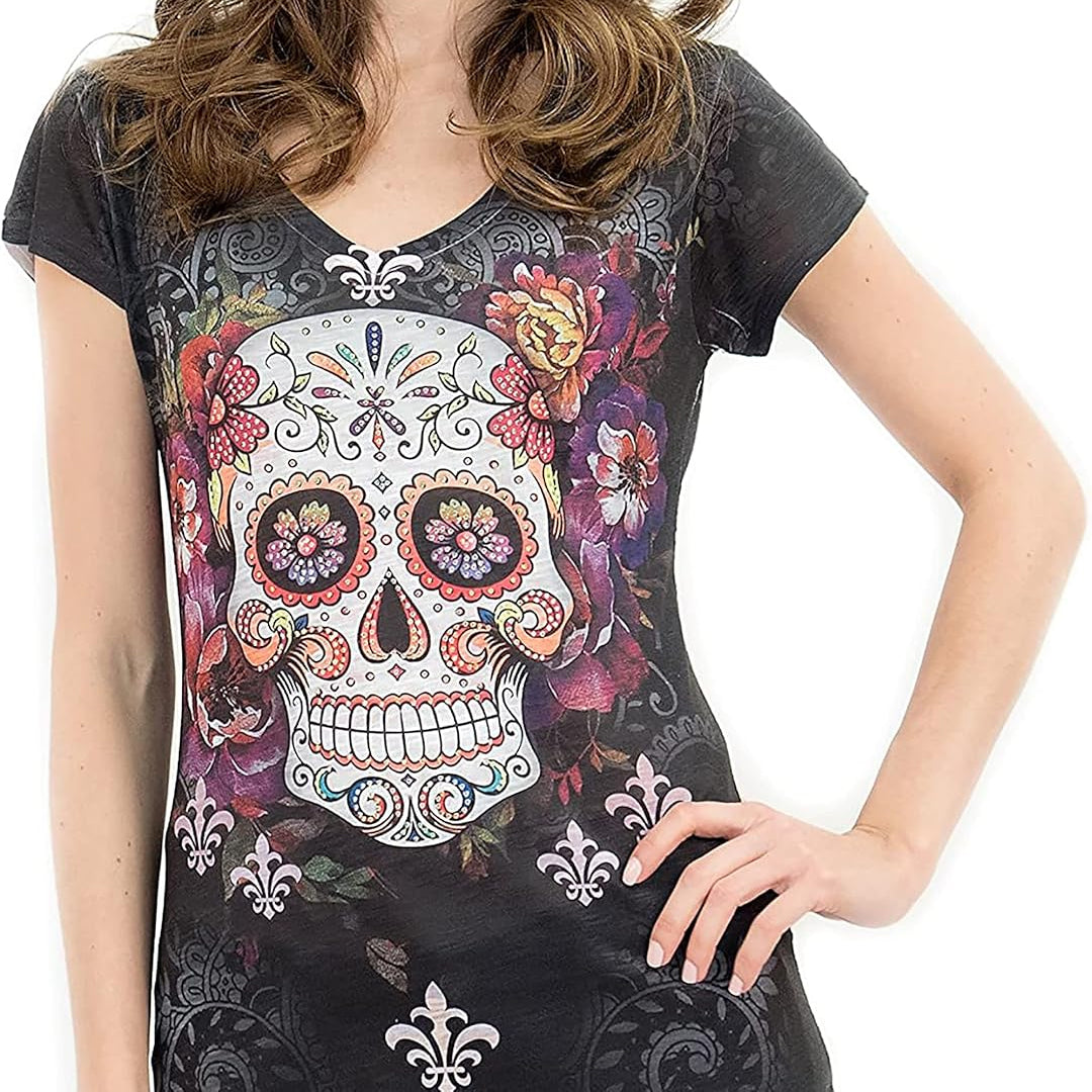 Bling floral skull print shirt with sparkling crystal details