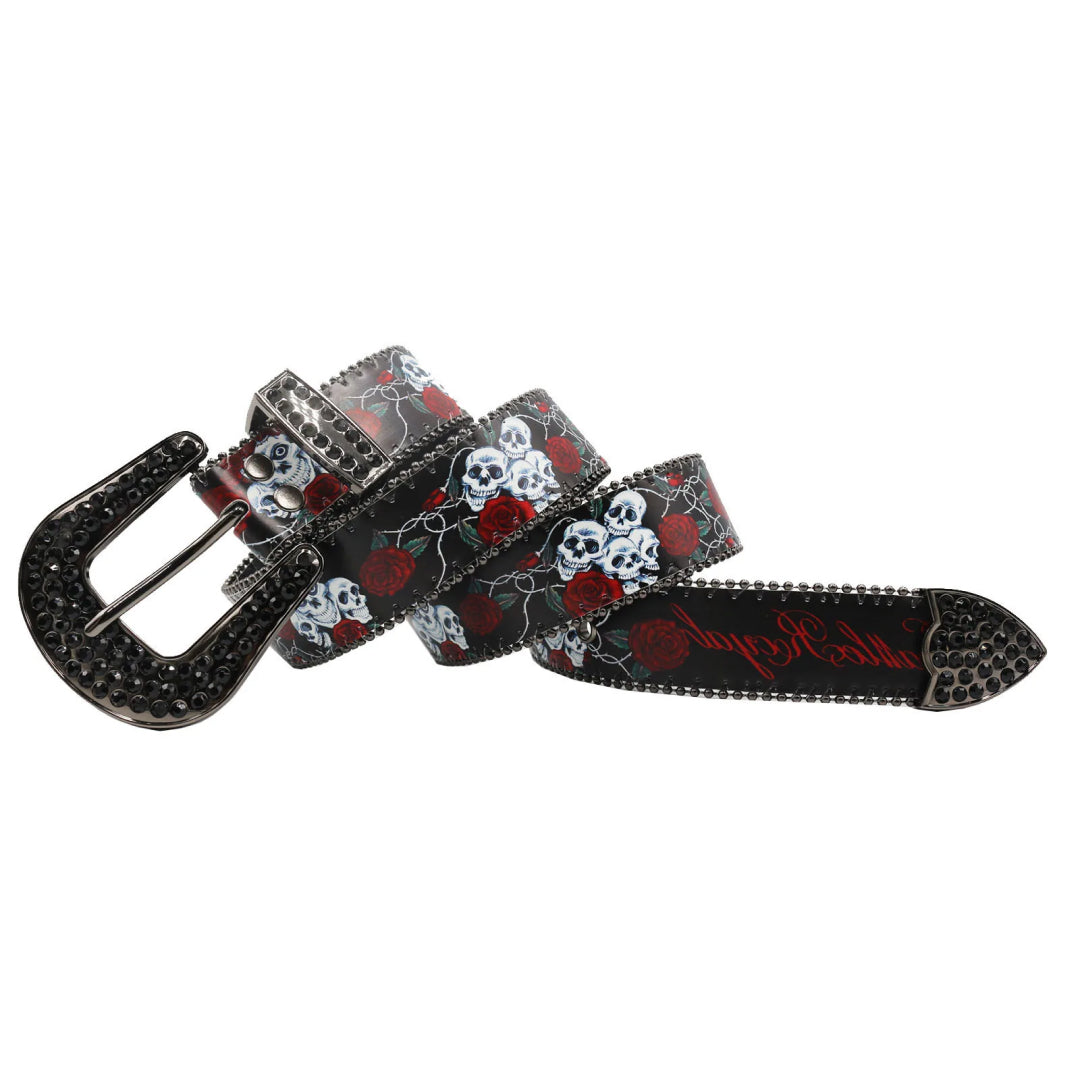 Wide Buckle With Skull & Flower Print On Strap Rhinestone Belt