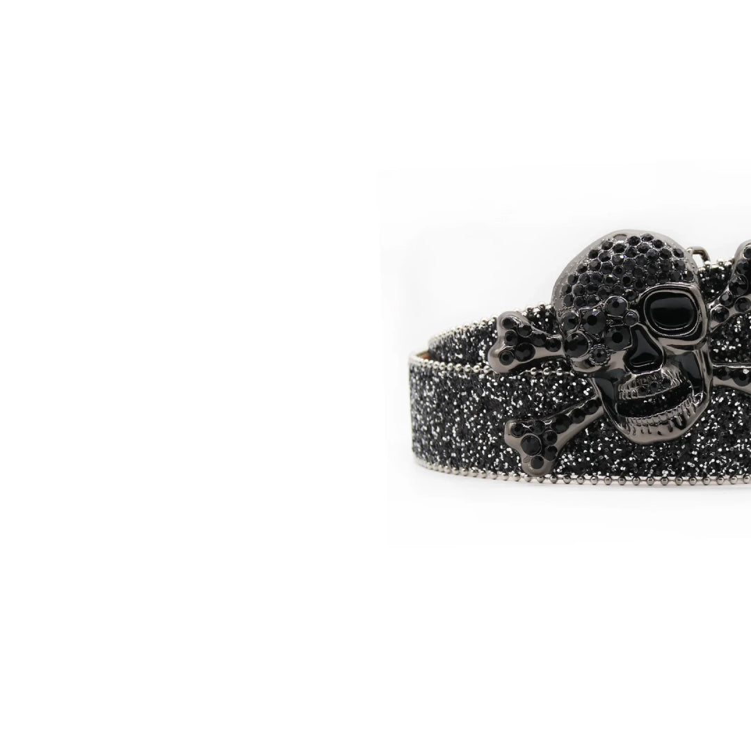 Midnight Black Western Rhinestone Belt with Intricate Skull Buckle