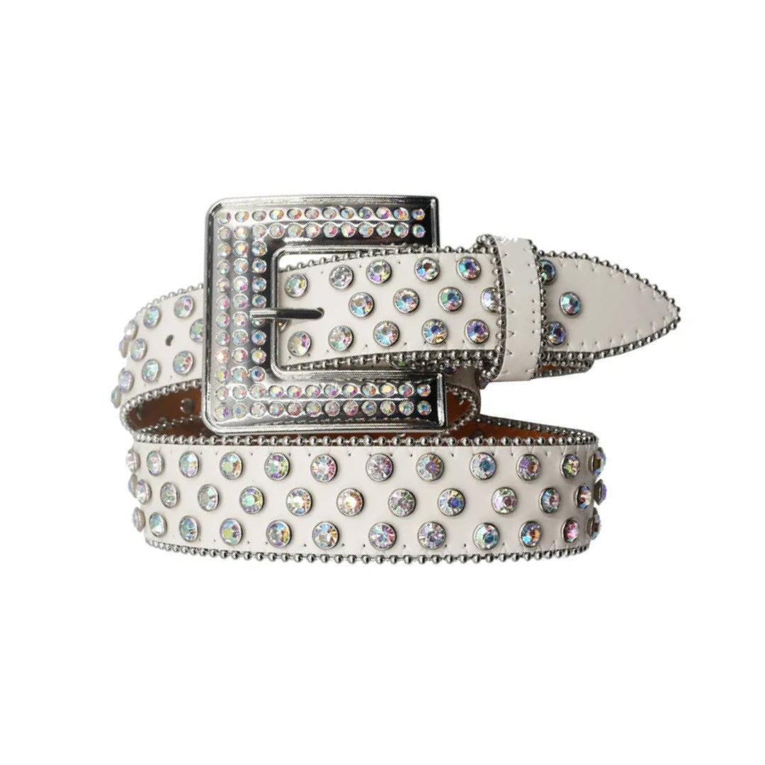Engraved Buckle With White Western Rhinestone Belt