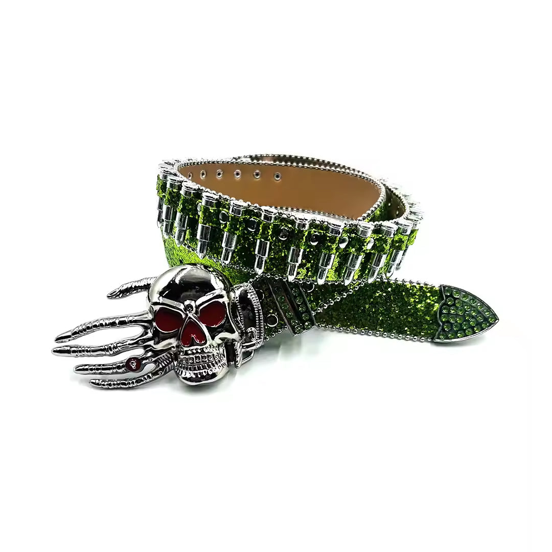 Skull buckle glitter green strap bullet studded rhinestone belt – Rhinestone Belt Shop
