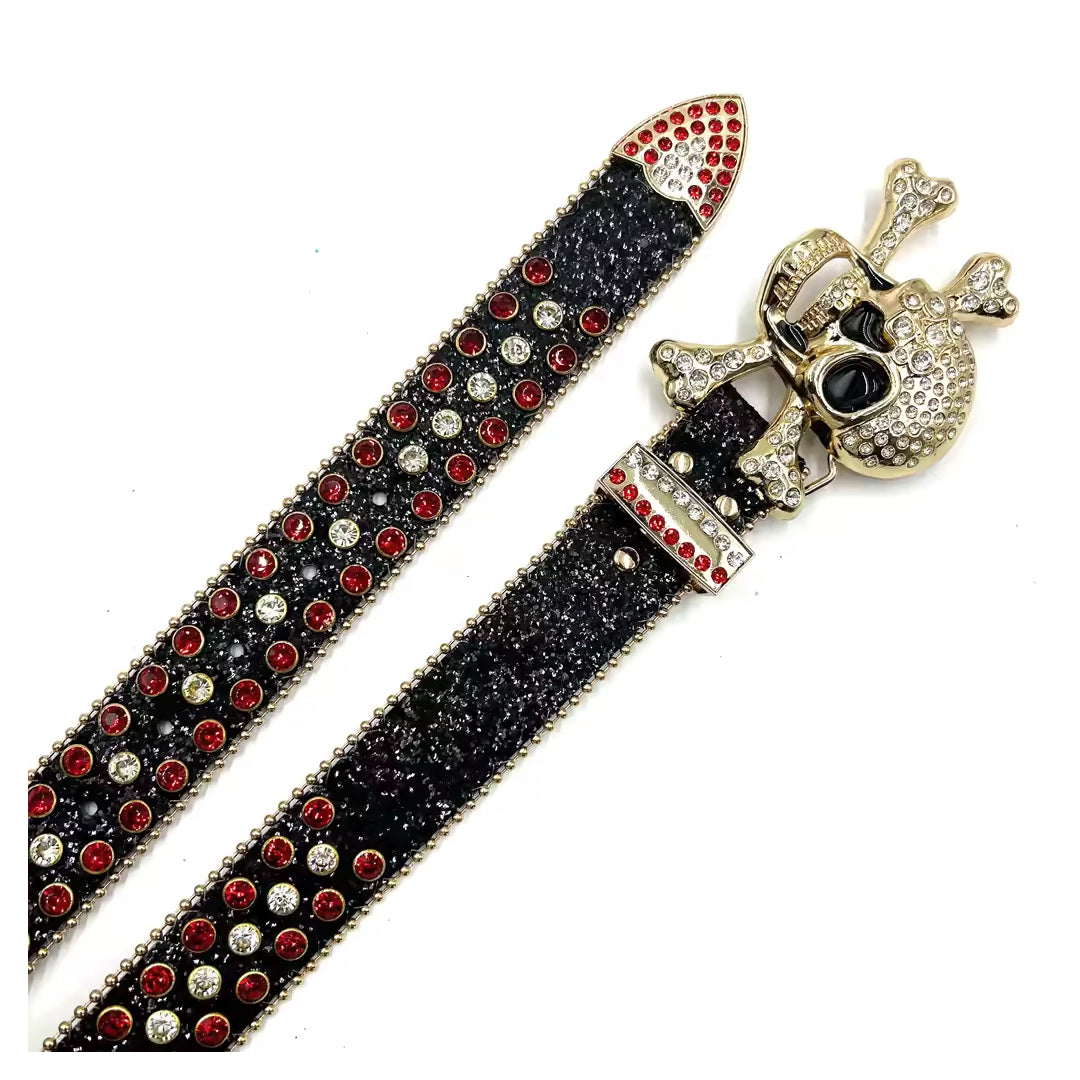 Skull buckle black strap red crystal studded rhinestone belt – Rhinestone Belt Shop