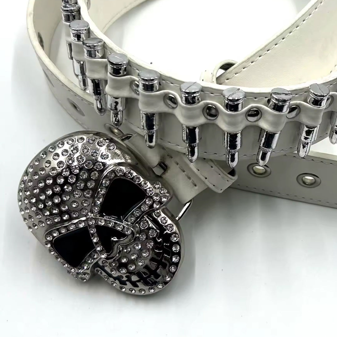 Skull buckle white bullets strap rhinestone belt – Rhinestone Belt Shop