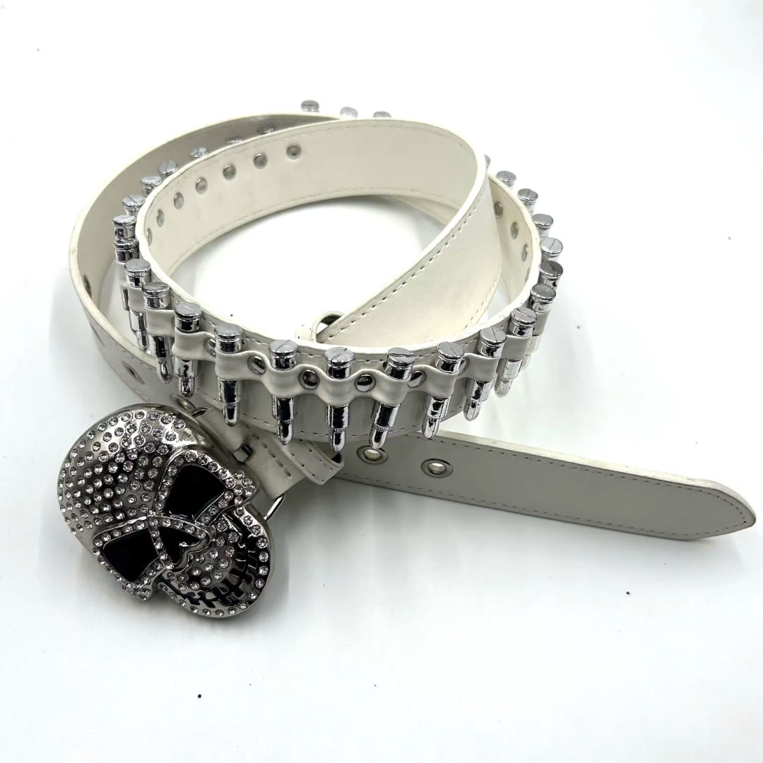Skull buckle white bullets strap rhinestone belt – Rhinestone Belt Shop