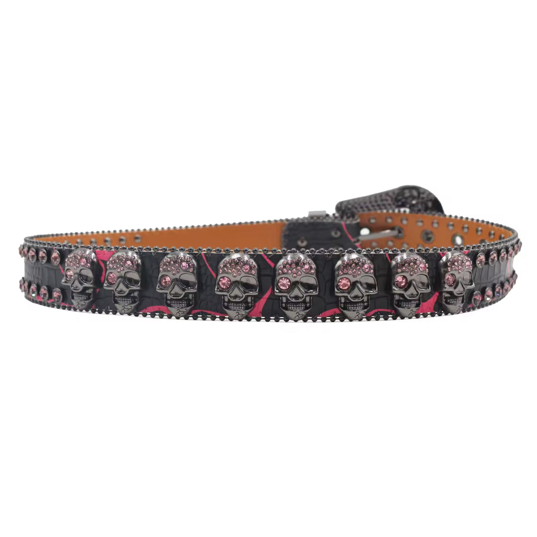Skull buckle black strap pink crystal studded rhinestone belt – Rhinestone Belt Shop