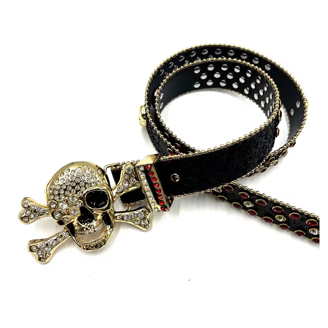 Skull buckle black strap red crystal studded rhinestone belt – Rhinestone Belt Shop