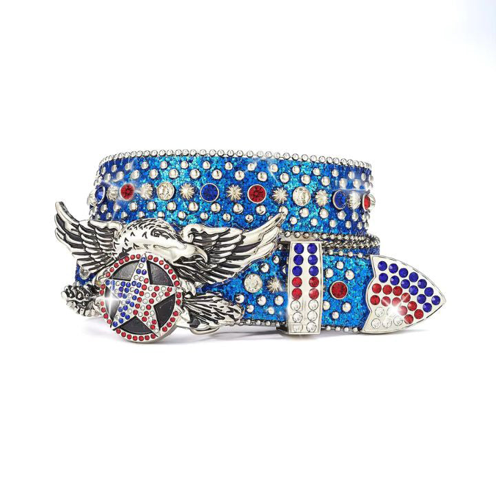 Eagle buckle blue strap crystal studded rhinestone belt – Rhinestone Belt Shop