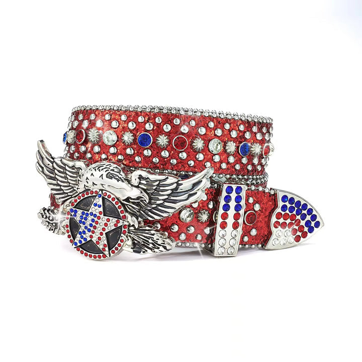 Red strap rhinestone belt with a crystal-studded eagle buckle, featuring sparkling details and a bold, eye-catching design.