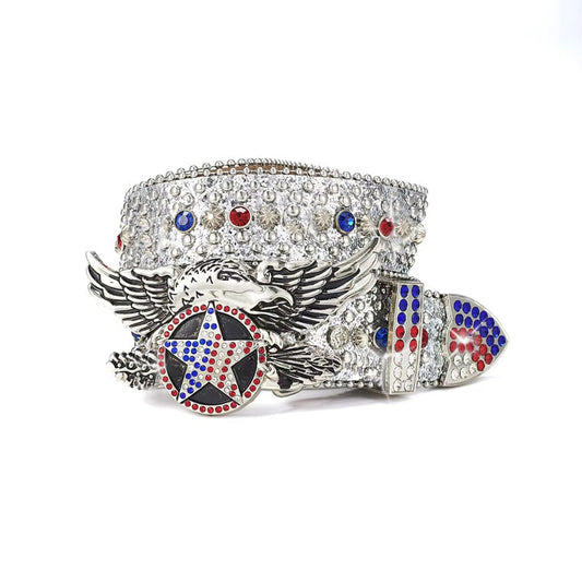Silver strap rhinestone belt with a crystal-studded eagle buckle, featuring sparkling details and a bold, stylish design.