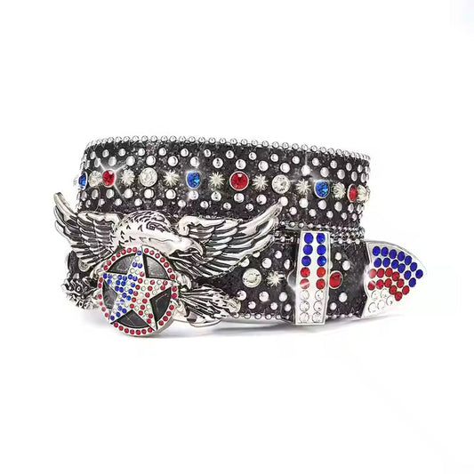 Black strap rhinestone belt with a crystal-studded eagle-shaped buckle, featuring sparkling details and a bold, stylish design.