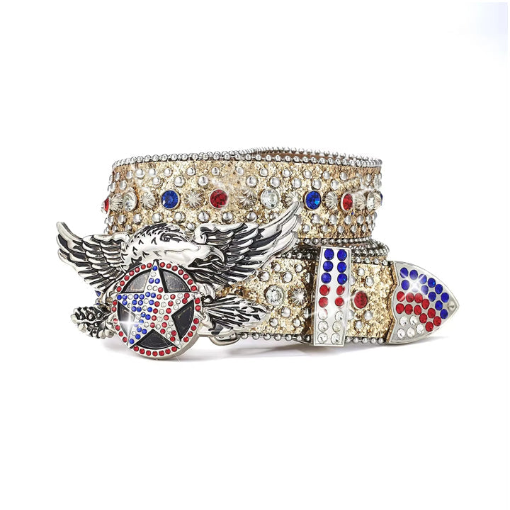 Eagle buckle gold rhinestone belt with sparkling crystal details
