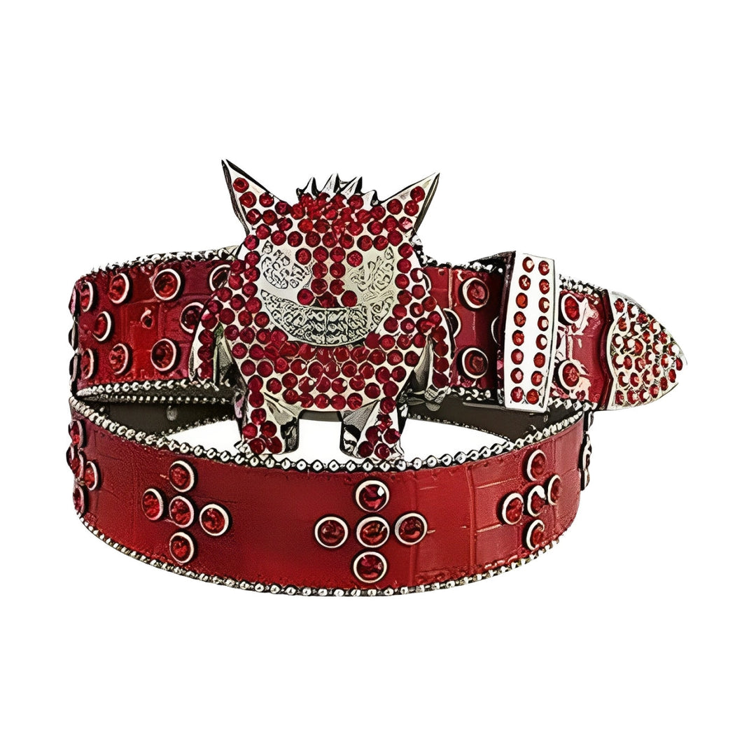 Monster buckle red strap crystal studded rhinestone belt – Rhinestone Belt Shop
