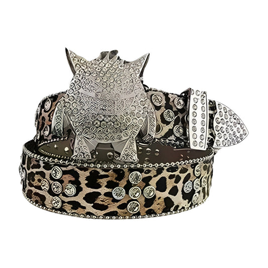 Leopard strap rhinestone belt with crystal studs and monster buckle